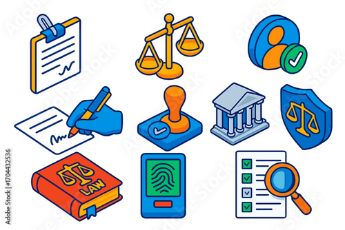 Legal Compliance Icons. Isometric vector illustration set legal and compliance icons: signed paper file, bronze balance scales,