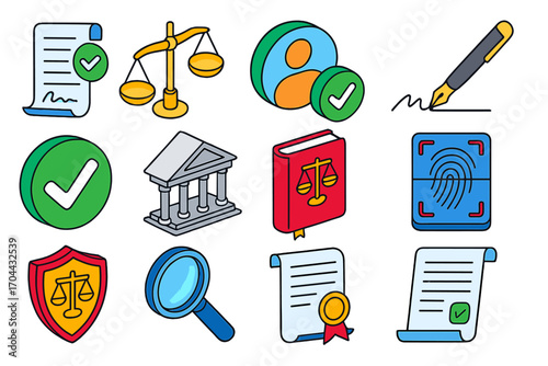 Legal Compliance Icons. Isometric vector illustration set legal and compliance icons: official agreement page, golden scales of