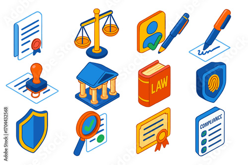 Legal Compliance Icons. Isometric vector illustration set legal and compliance icons: contract sheet with seal mark, scales of