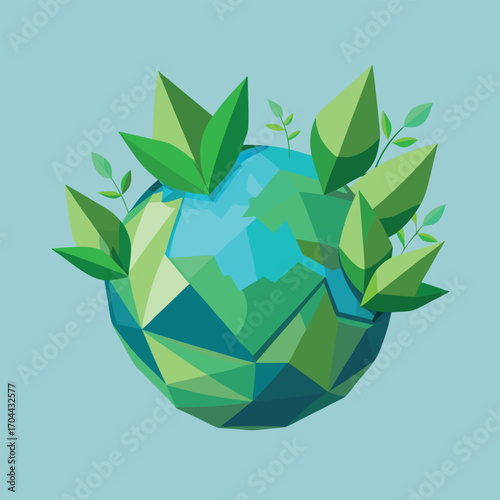 Geometric Earth with green leaves and branches on a light blue background