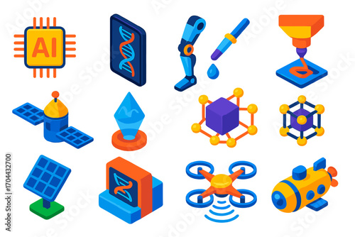 Innovative Tech Icons. Isometric vector illustration set innovative technology and science icons: AI chipboard, DNA helix scanner,