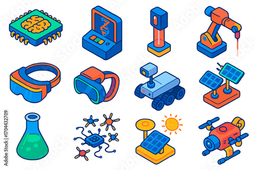 Innovative Technology Icons. Isometric vector illustration set innovative technology and science icons: deep learning core chip,
