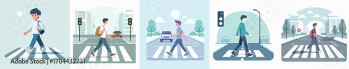 vector of a young man crossing the road