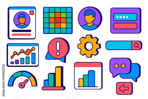 Vibrant UI Icons Set. Isometric vector illustration set user interface elements with heatmap and profile design: editable user