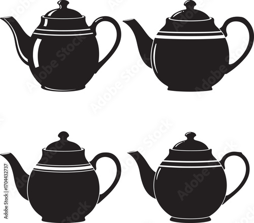 Four classic black teapot silhouettes isolated on white background silhouette