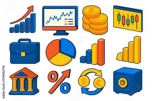 Financial Growth Icons. Isometric vector illustration set representing financial growth and trading trends in modern design: