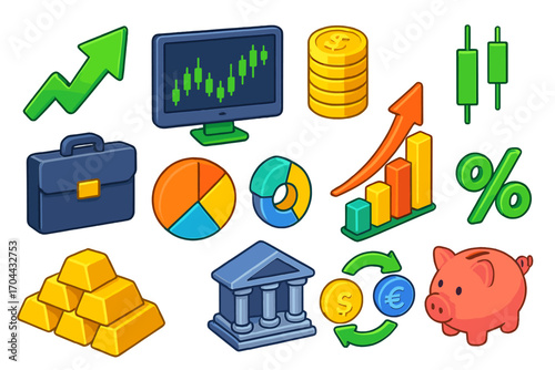 Financial Growth Icons. Isometric vector illustration set representing financial growth and trading trends in modern design: