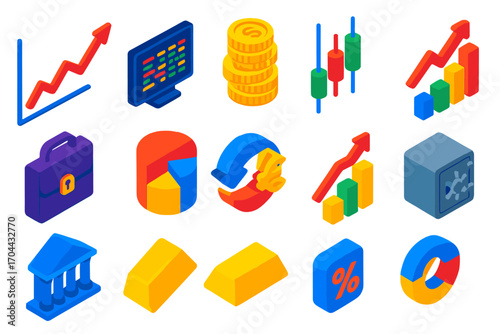 Financial Icons Collection. Isometric vector illustration set representing financial growth and trading trends in modern design: