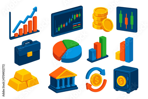 Financial Growth Icons. Isometric vector illustration set representing financial growth and trading trends in modern design: