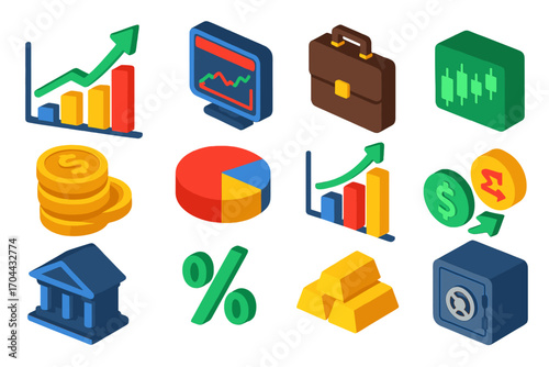 Financial Growth Icons. Isometric vector illustration set representing financial growth and trading trends in modern design: