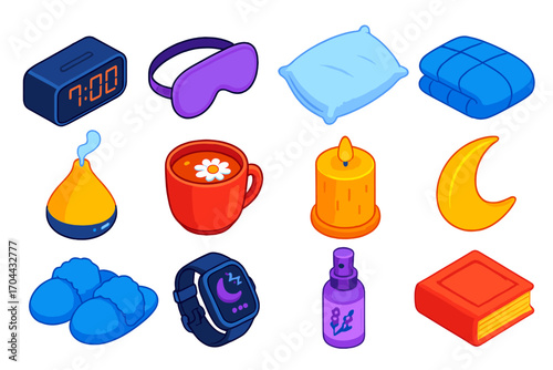 Sleep and Wellness Icons. Isometric vector illustration set sleep and wellness icons featuring alarm clock and night mask: digital
