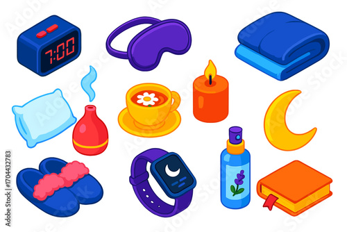 Sleep and Wellness Icons. Isometric vector illustration set sleep and wellness icons featuring alarm clock and night mask: digital