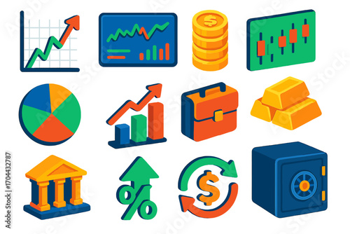 Financial Growth Icons. Isometric vector illustration set representing financial growth and trading trends in modern design: