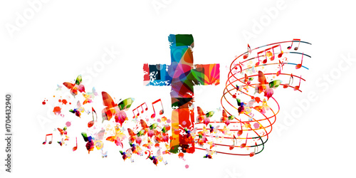 Colorful christian cross with music notes isolated vector illustration. Religion themed background. Design for gospel church music, choir singing, concert, festival, Christianity, prayer	