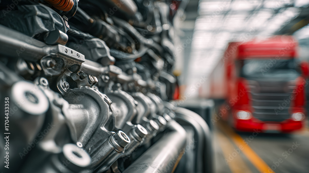 Fototapeta premium Commercial vehicle transportation and logistics center with a focus on engine maintenance and repairs
