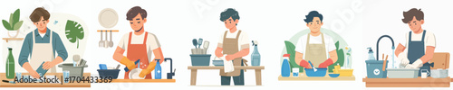 vector of a young man washing dishes