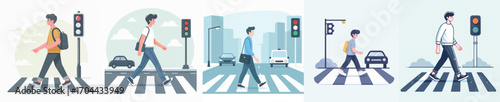 vector of a young man crossing the road