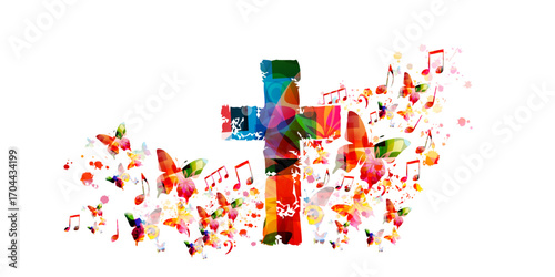 Creative music style template vector illustration, colorful cross with music staff and notes background. Religion themed design for gospel church music and concert, choir singing, Christianity, prayer