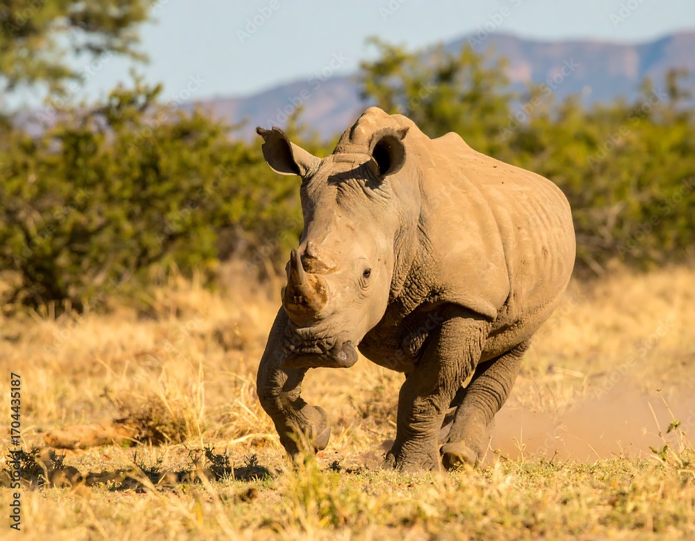 Fototapeta premium Rhino charging through dry savanna
