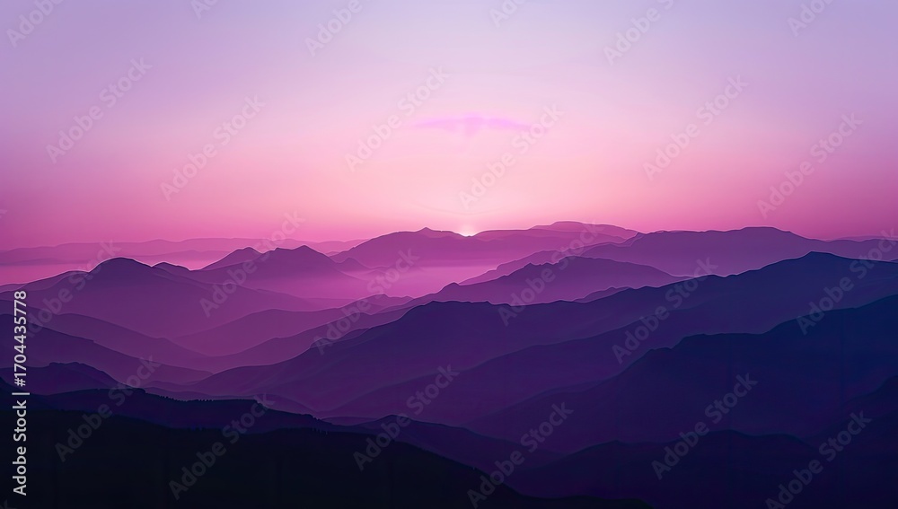 Fototapeta premium Serene sunset over a vast, layered mountain range, bathed in soft purple and pink hues, creating a tranquil and ethereal atmosphere