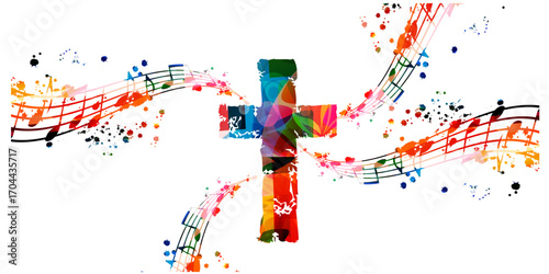 Creative music style template vector illustration, colorful cross with music staff and notes background. Religion themed design for gospel church music and concert, choir singing, Christianity, prayer