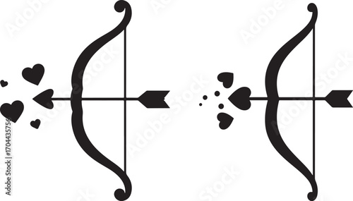 Two decorative bows with arrows and heart shaped arrowheads silhouette