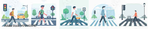 vector of a young man crossing the road