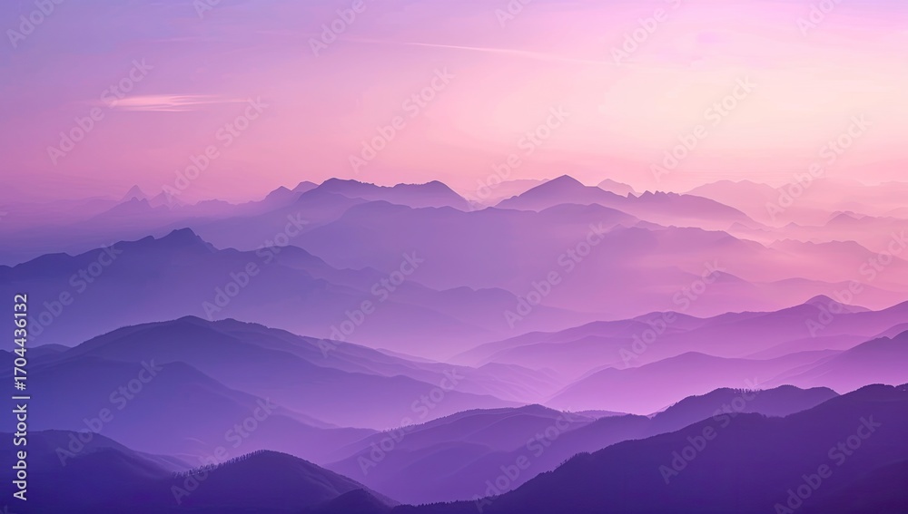 Obraz premium Serene vista of layered mountains at dawn, bathed in a soft, purplish-pink hue, with mist clinging to the valleys