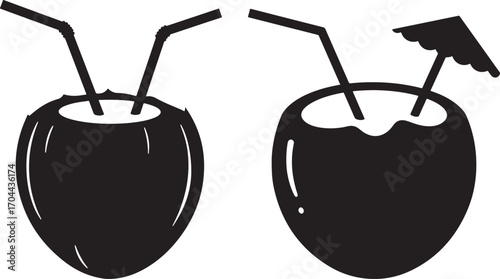 Two tropical coconut drinks with straws and umbrella silhouette