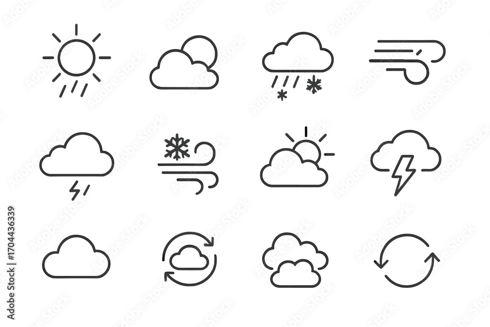 Mixed Weather Icons. Line style icons of mixed weather: sun and rain, sun and cloud, rain and snow, fog and wind; cloud and