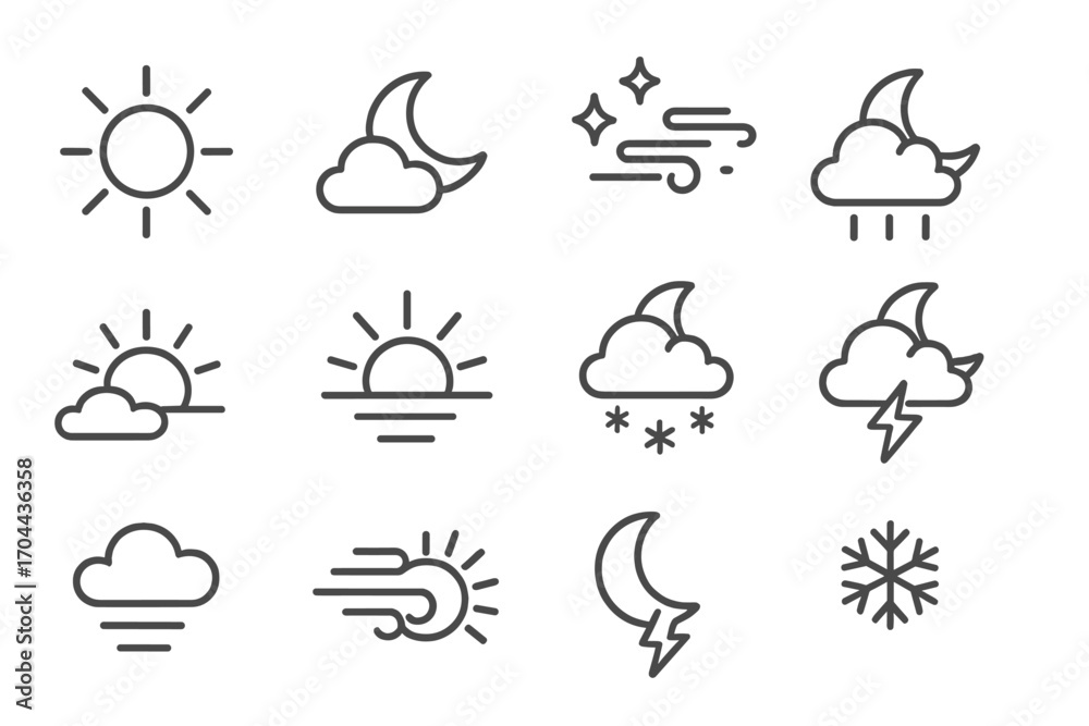 Weather Icons Day Night. Line style icons of day and night weather: sun icon, moon with cloud, stars with wind, night rain;