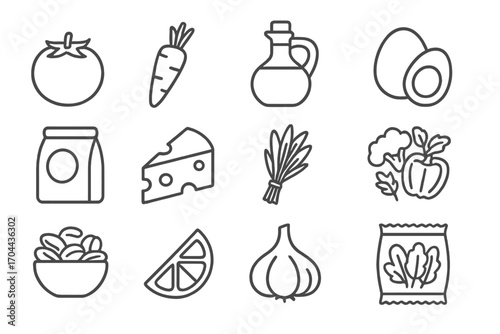 Healthy Cooking Icons. Line style icons of healthy cooking items: fresh tomato, raw carrot, extra virgin oil, organic egg; whole