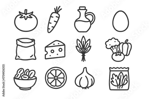 Healthy Cooking Icons. Line style icons of healthy cooking items: fresh tomato, raw carrot, extra virgin oil, organic egg; whole