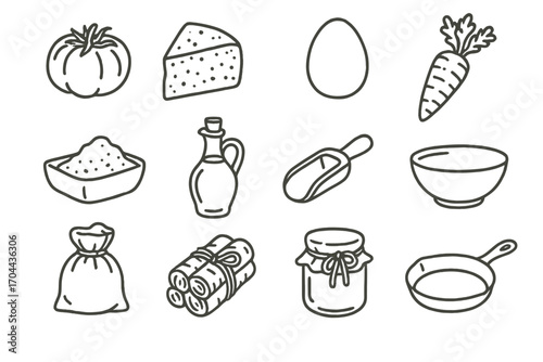 Rustic Ingredient Icons. Line style icons of rustic ingredients: heirloom tomato, aged cheese, brown egg, garden carrot;