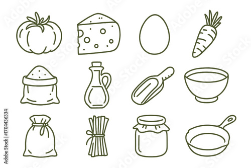 Rustic Ingredient Icons. Line style icons of rustic ingredients: heirloom tomato, aged cheese, brown egg, garden carrot;