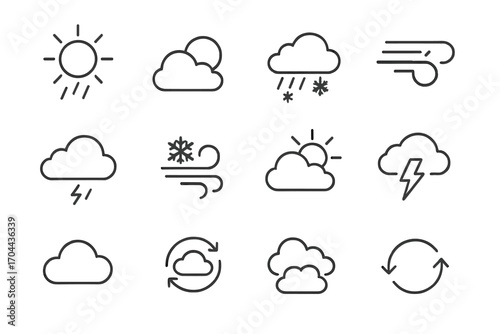 Mixed Weather Icons. Line style icons of mixed weather: sun and rain, sun and cloud, rain and snow, fog and wind; cloud and