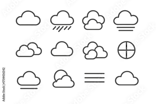Line Style Cloud Icons. Line style icons of cloudy conditions: overcast cloud, cloud with shadow, stacked clouds, misty cloud;