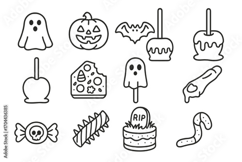 Halloween Treat Icons. Line style icons of assorted Halloween treats: marshmallow ghost, jack-o’-lantern cookie, bat cookie,