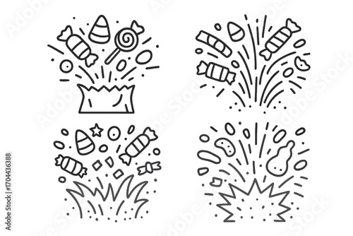 Candy Explosion. Line style icons of Halloween candy explosion: bursting bag, candy popping out, swirl of treats, fireworks of