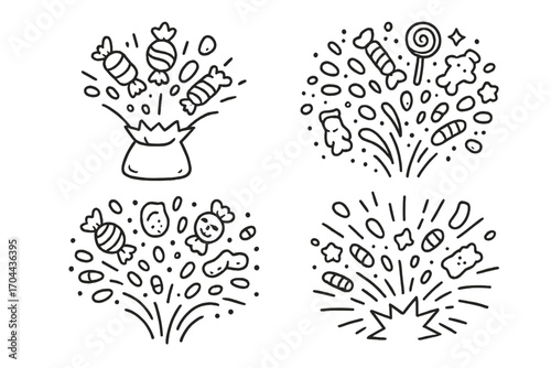 Candy Explosion. Line style icons of Halloween candy explosion: bursting bag, candy popping out, swirl of treats, fireworks of