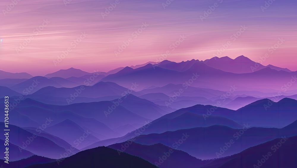 Fototapeta premium Panoramic view of a vast mountain range at dawn or dusk, showcasing a gradient of purple and blue hues across numerous layers of peaks and valleys, veiled in a soft mist or haze