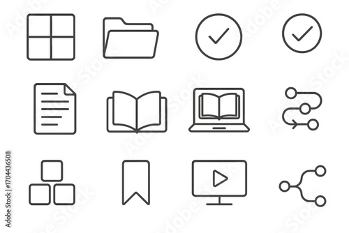 Digital Course Icons. Line style icons of digital course features: module icon, lesson folder, enrolled status, course progress;