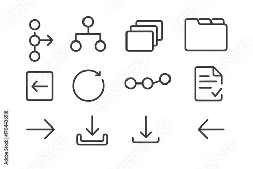 Course Navigation Icons. Line style icons of course structure and navigation: step-by-step icon, course tree, folder stack, tabbed