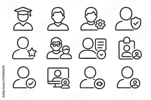 User Role Icons. Line style icons of user roles in platform: student icon, instructor icon, admin gear, moderator shield;