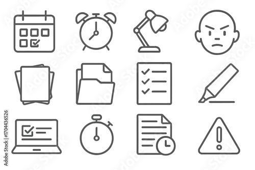 Exam Readiness Icons. Line style icons of exam readiness: calendar with exam, alarm clock, study lamp, focused face; note stack,
