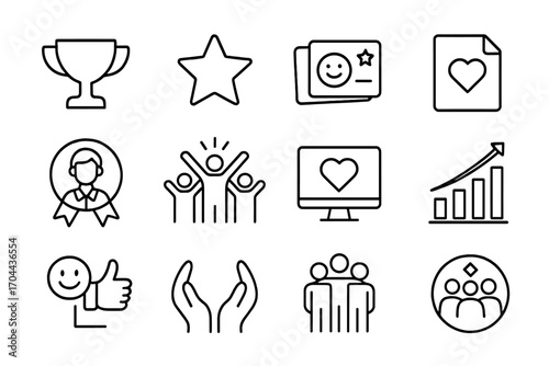 Office Culture Icons. Line style icons of office culture and values: trophy, star icon, feedback card, thank-you note; employee of