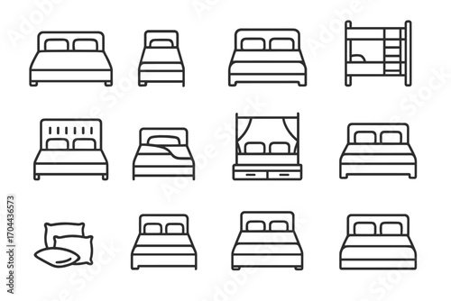 Cozy Bed Icons. Line style icons of cozy bed layouts: double bed, single bed, twin bed, bunk bed; bed with headboard, low platform