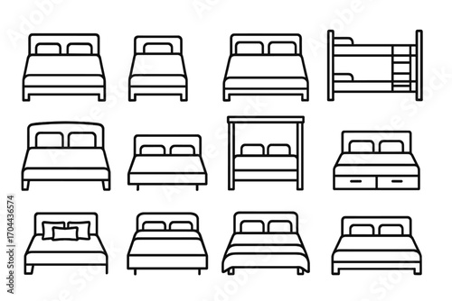 Cozy Bed Icons. Line style icons of cozy bed layouts: double bed, single bed, twin bed, bunk bed; bed with headboard, low platform
