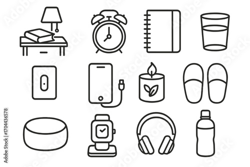 Line Icons Personal Items. Line style icons of personal items and habits: book on nightstand, alarm clock, journal, glass of water