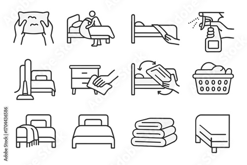 Bed Cleaning Icons. Line style icons of bed preparation and cleaning: pillow fluff, blanket fold, sheet tuck, linen spray; vacuum
